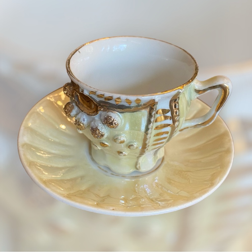 Antique Lusterware Demitasse Cup & Saucer Gold Beaded Yellow Numbered 95 Set
